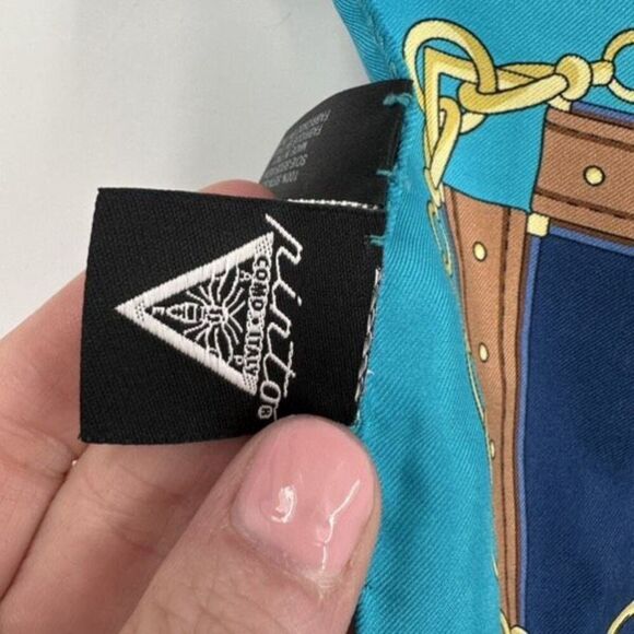 Vintage Ninto 100% Silk Square Hand Rolled Scarf Equestrian Blue‎ Turquoise - Picture 3 of 12